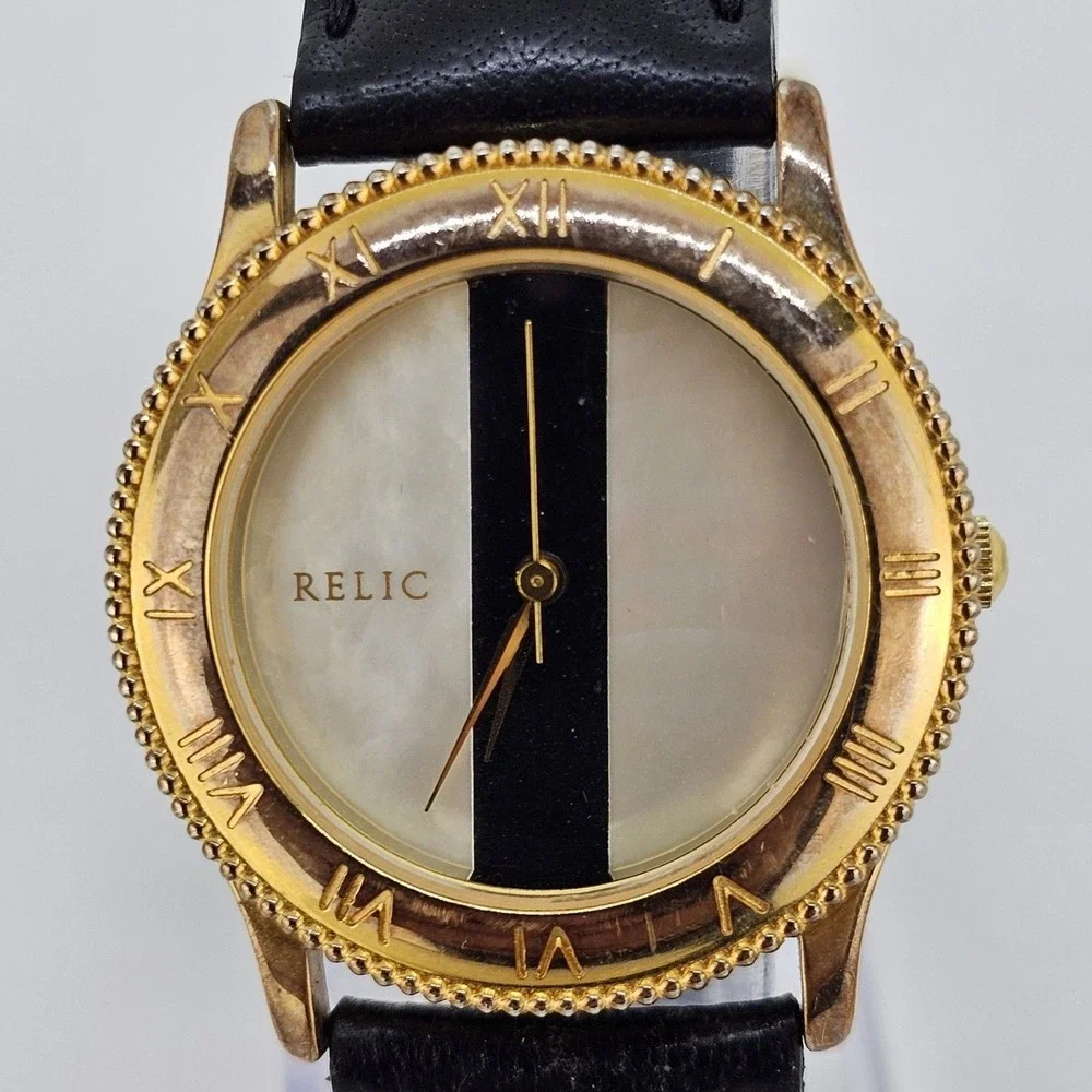 Relic Women Watch 32MM White Black Dial Black Leather Bands Up to 7